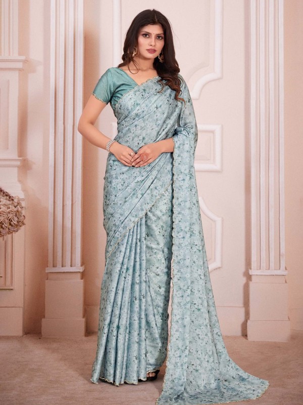 Aquamarine Pure Satin Georgette Digital Print Saree